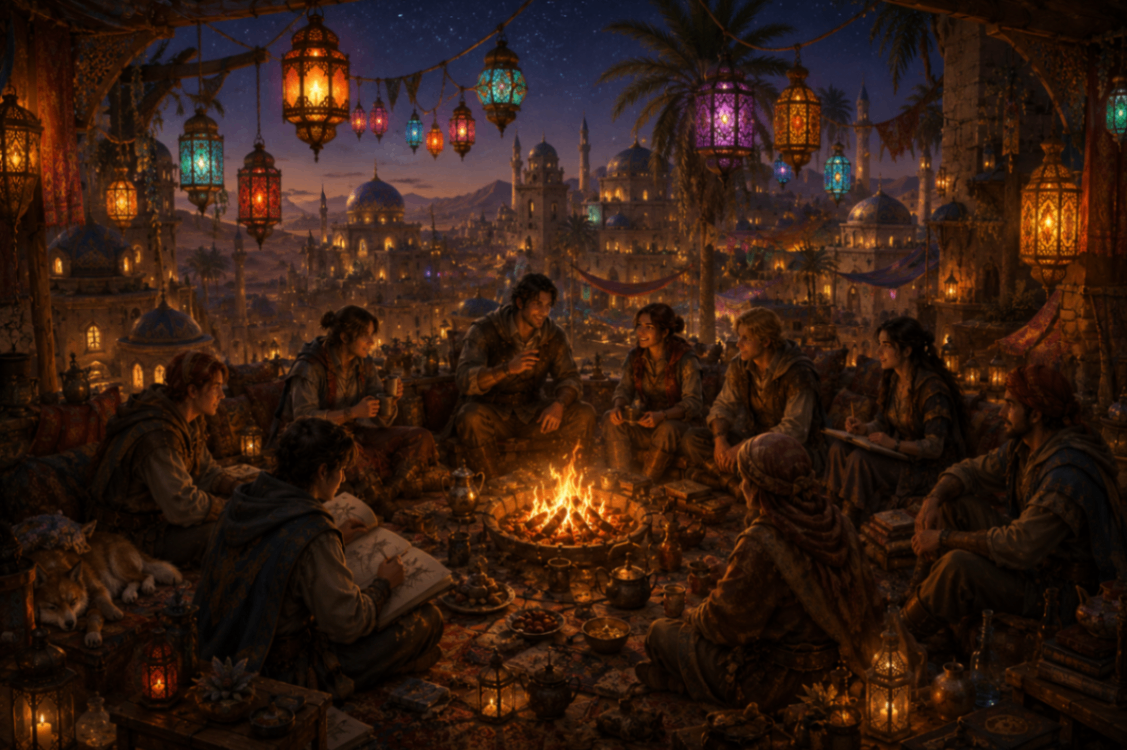 The World of Enneäd community gathered around a bonfire